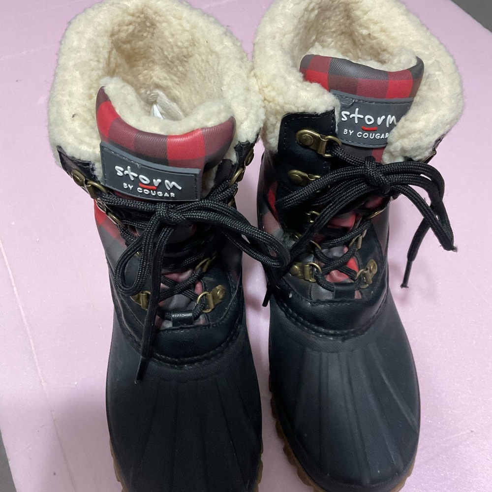 Cougar Storm Black and Red Plaid Winter Rain Boots
